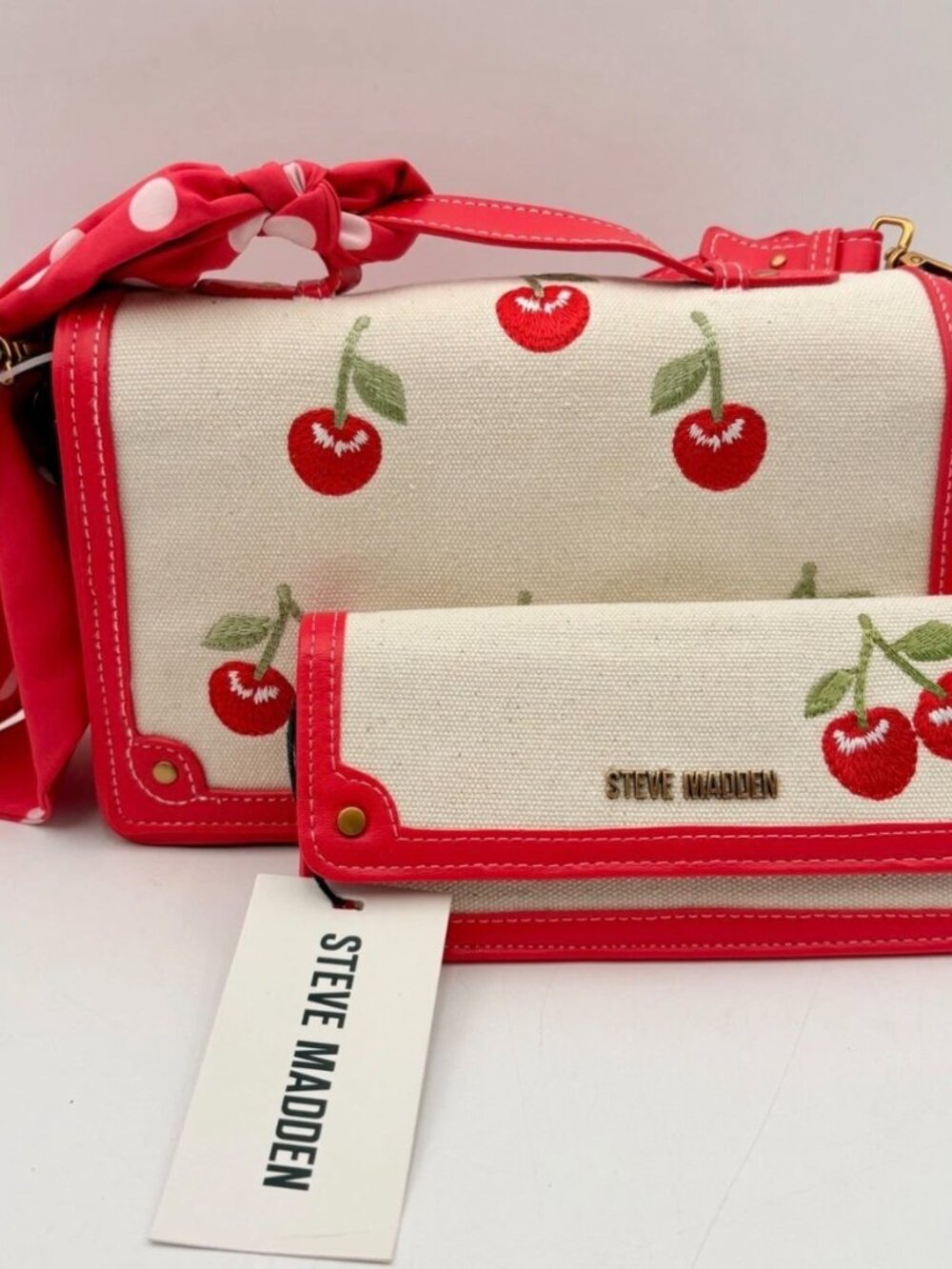 Steve Madden Cherry Crossbody Bag & Wallet Set Red White Canvas Purse NWT
